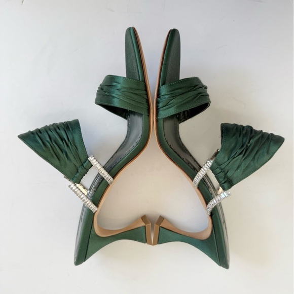 Manolo Blahnik Dark Green Gathered Satin Chinap 70mm open toe mules EU 37.5 - Picture 8 of 12